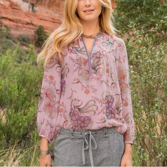 Sundance Tops - Sundance Sz M 100% Silk Beaded Printed Blouse EUC